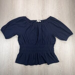 Loft Petites Navy Blue Smocked Waist Boho Puff Sleeve Blouse Cottagecore